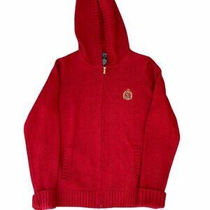 Lauren Ralph Lauren Petite RL Crest Full Zip Red Heavy Knit Hoodie Jacket Sz P/P